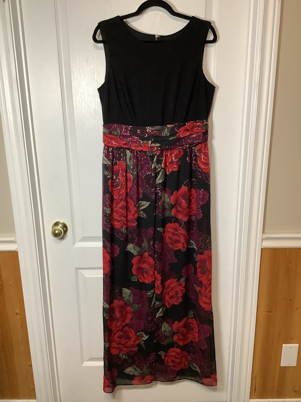 Black Sleeveless Jumpsuit with Red Rose Chiffon Print Panels